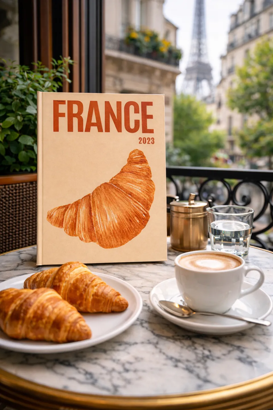 France kapaklı fotokitap, Paris'te kafe masasında kruvasan ve kahveyle